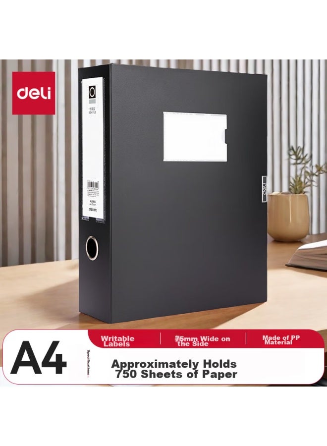 ديلي Deli 75mm صندوق ملفات A4 فردي بحزام لاصق، منظم وثائق بلاستيكي، صندوق تخزين ملفات محاسبية، مستلزمات مكتبية، 5604 أسود - Image 1