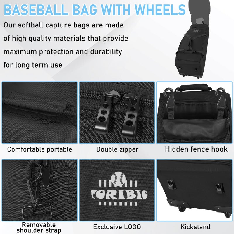 TORIBIO Large Rolling Baseball Bag with Wheels,Softball Catcher Gear Bag for 4 Bats with Fence Hooks ,Portable Roller Baseball Bag with Separate Shoe Space,Baseball Equipment Bag Holds Bat, Helmet and More - Image 5