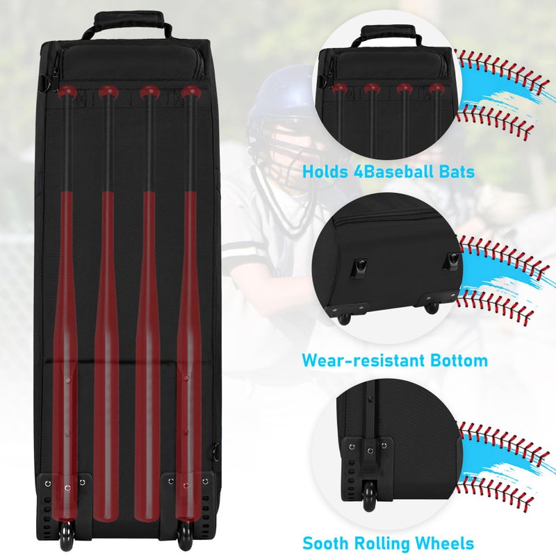 TORIBIO Large Rolling Baseball Bag with Wheels,Softball Catcher Gear Bag for 4 Bats with Fence Hooks ,Portable Roller Baseball Bag with Separate Shoe Space,Baseball Equipment Bag Holds Bat, Helmet and More - Image 3