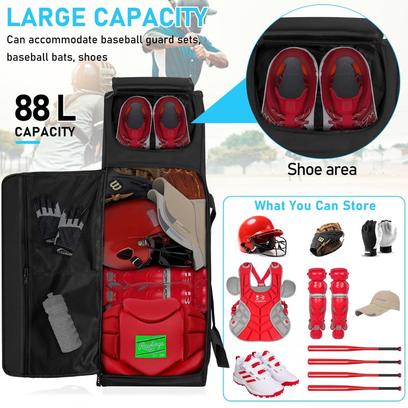 TORIBIO Large Rolling Baseball Bag with Wheels,Softball Catcher Gear Bag for 4 Bats with Fence Hooks ,Portable Roller Baseball Bag with Separate Shoe Space,Baseball Equipment Bag Holds Bat, Helmet and More - Image 2