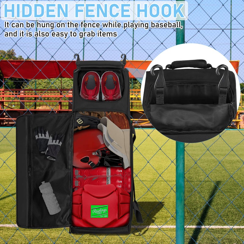 TORIBIO Large Rolling Baseball Bag with Wheels,Softball Catcher Gear Bag for 4 Bats with Fence Hooks ,Portable Roller Baseball Bag with Separate Shoe Space,Baseball Equipment Bag Holds Bat, Helmet and More - Image 4
