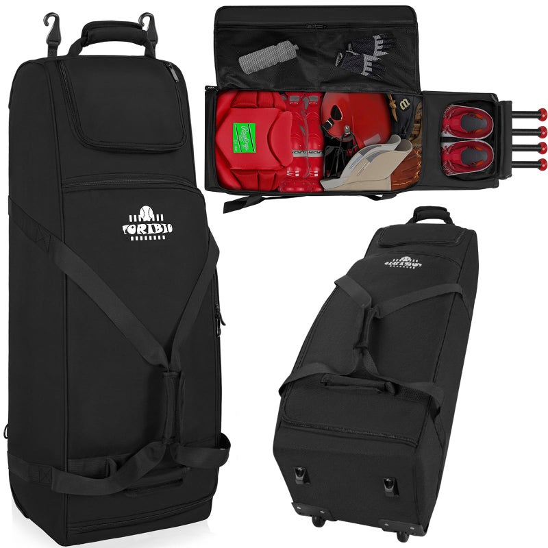 TORIBIO Large Rolling Baseball Bag with Wheels,Softball Catcher Gear Bag for 4 Bats with Fence Hooks ,Portable Roller Baseball Bag with Separate Shoe Space,Baseball Equipment Bag Holds Bat, Helmet and More - Image 1