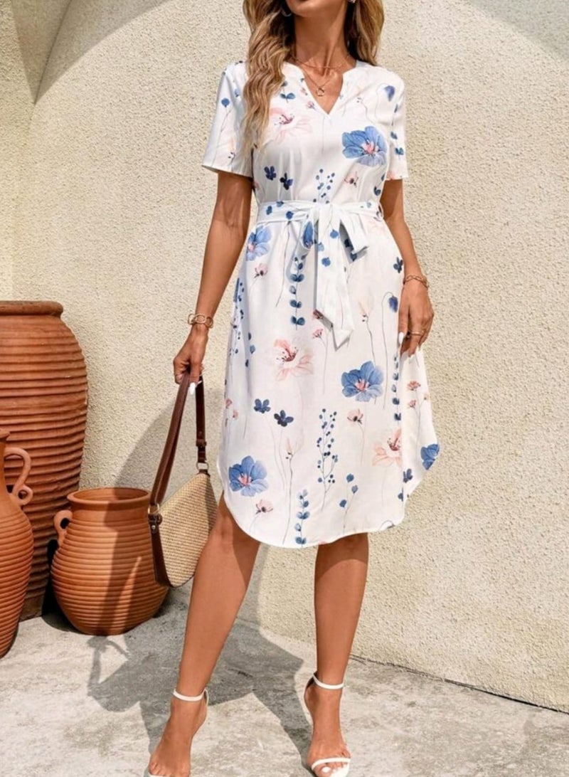 Shein SHEIN Clasi Women's Casual Floral Print Notch Neck Short Sleeve Summer Dress  - Image 1