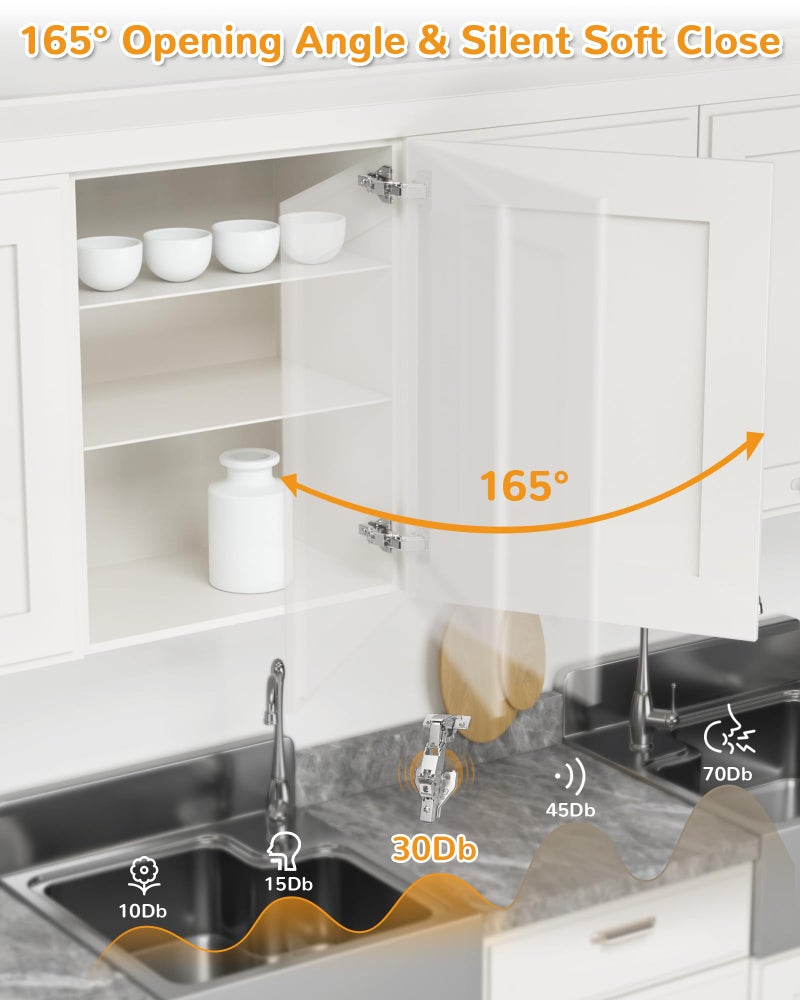 Chibery 2 Pair 135 Degree & 165 Degree Hinges Kit for Pie Corner Cabinets, Hidden Lazy Susan, Face Frame Self Closing, Clip On, Smooth Slow Close, Concealed Mount for Bi-fold Door, Kitchen Cupboard - Image 4