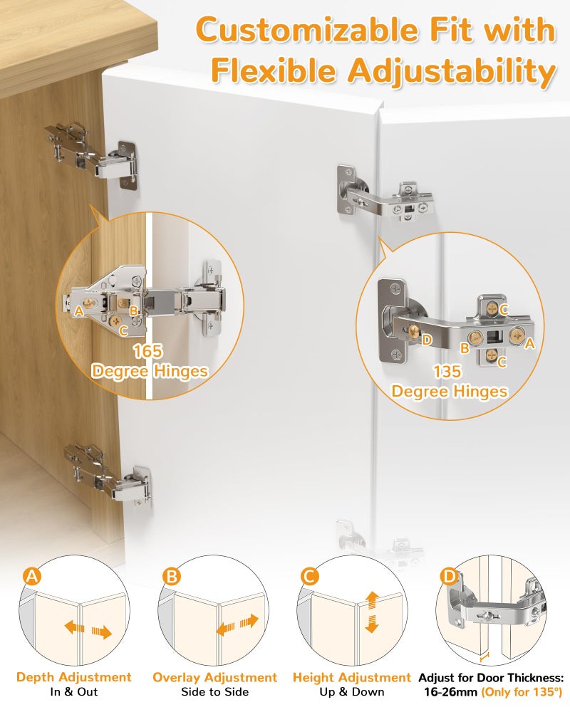 Chibery 2 Pair 135 Degree & 165 Degree Hinges Kit for Pie Corner Cabinets, Hidden Lazy Susan, Face Frame Self Closing, Clip On, Smooth Slow Close, Concealed Mount for Bi-fold Door, Kitchen Cupboard - Image 3