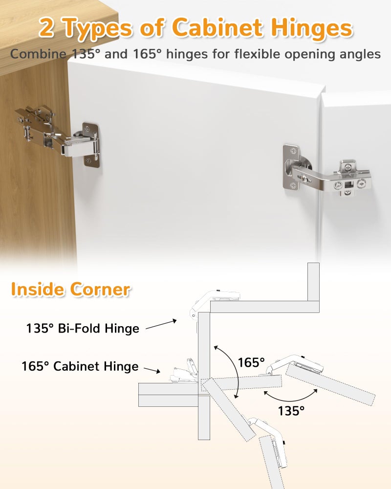 Chibery 2 Pair 135 Degree & 165 Degree Hinges Kit for Pie Corner Cabinets, Hidden Lazy Susan, Face Frame Self Closing, Clip On, Smooth Slow Close, Concealed Mount for Bi-fold Door, Kitchen Cupboard - Image 2