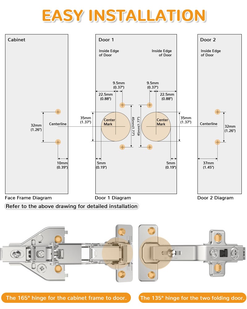 Chibery 2 Pair 135 Degree & 165 Degree Hinges Kit for Pie Corner Cabinets, Hidden Lazy Susan, Face Frame Self Closing, Clip On, Smooth Slow Close, Concealed Mount for Bi-fold Door, Kitchen Cupboard - Image 5