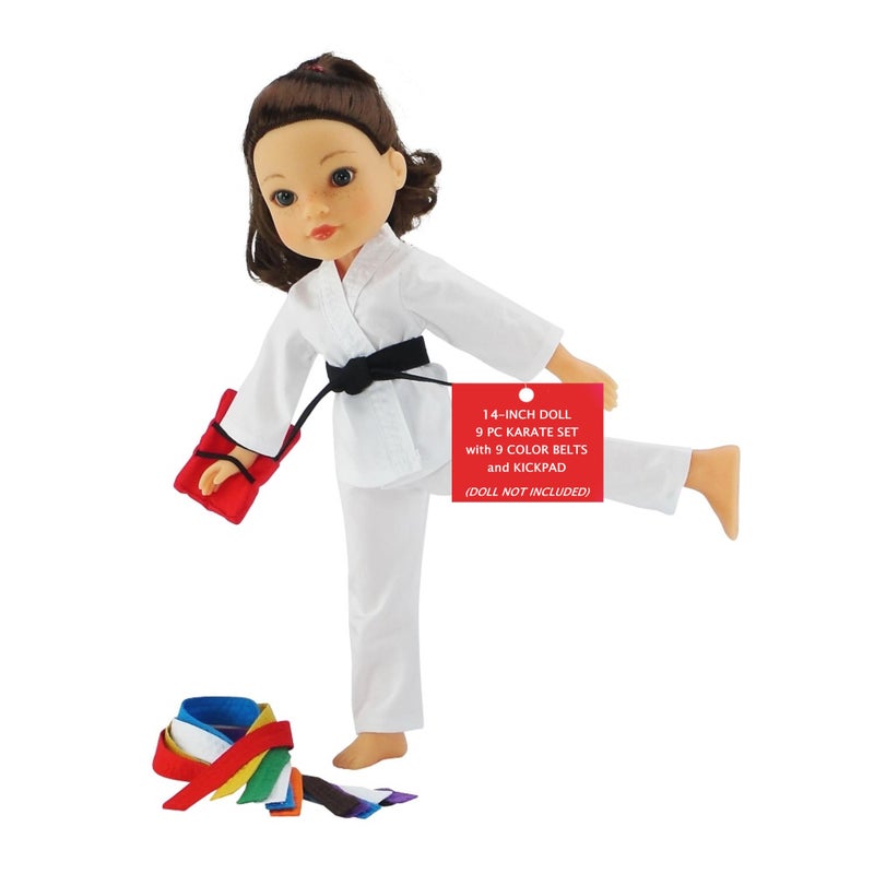 Emily Rose 14" Doll Karate Outfit 12-PC - White Gi with All 9 Color Belts & Kick Pad | Glitter Girls & Wellie Wishers Compatible | Gift Boxed | USA Brand - Image 1