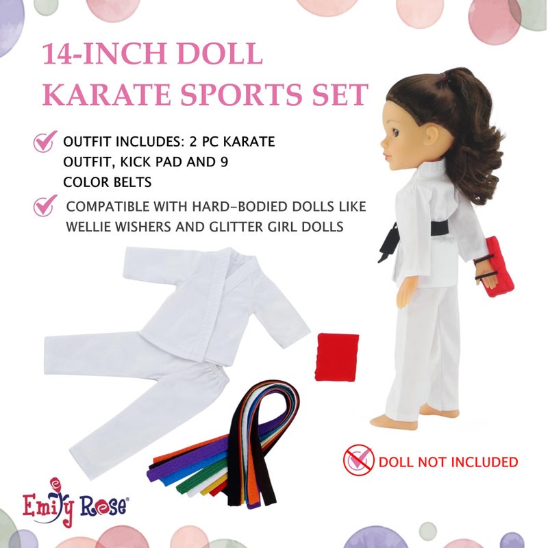 Emily Rose 14" Doll Karate Outfit 12-PC - White Gi with All 9 Color Belts & Kick Pad | Glitter Girls & Wellie Wishers Compatible | Gift Boxed | USA Brand - Image 4