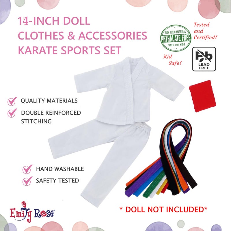 Emily Rose 14" Doll Karate Outfit 12-PC - White Gi with All 9 Color Belts & Kick Pad | Glitter Girls & Wellie Wishers Compatible | Gift Boxed | USA Brand - Image 3