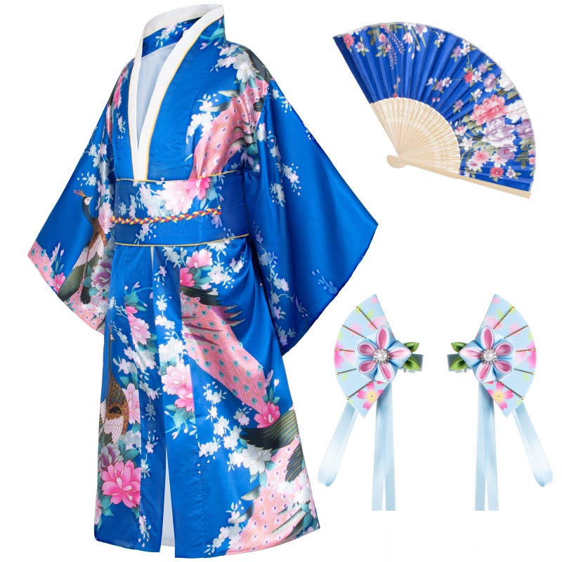 Japanese Traditional Dress Kimono Robe for Kids Girls Costume Silk Folding Fans hairstick Set120cm Blue