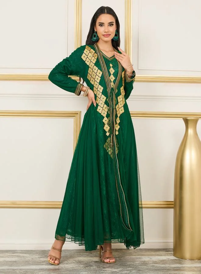Maxim Creation All Over Lace Embroidered Rhinestone Detail Kaftan by Styli