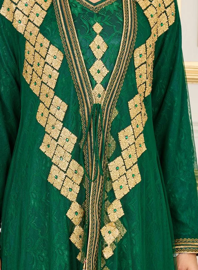 Maxim Creation All Over Lace Embroidered Rhinestone Detail Kaftan by Styli