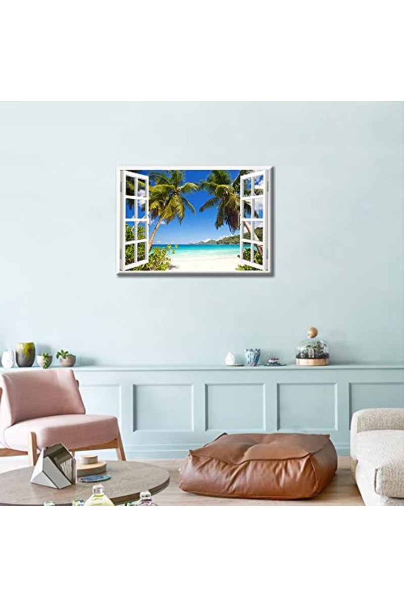 TISHIRON 3D Window Effect Canvas Art Wall Framed Modern Home Decor Beach Coconut Tree View Pictures for Home Living Room Dining Room Wall Decor Posters Prints Ready to Hang - 12" W x 18" H - Image 4