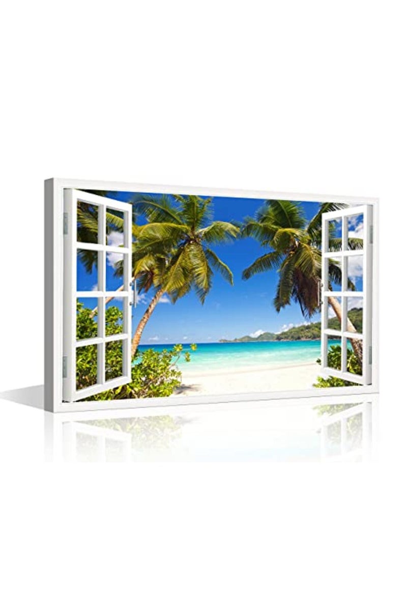 TISHIRON 3D Window Effect Canvas Art Wall Framed Modern Home Decor Beach Coconut Tree View Pictures for Home Living Room Dining Room Wall Decor Posters Prints Ready to Hang - 12" W x 18" H - Image 2