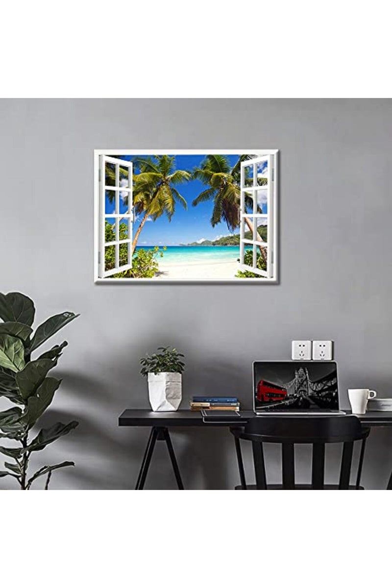 TISHIRON 3D Window Effect Canvas Art Wall Framed Modern Home Decor Beach Coconut Tree View Pictures for Home Living Room Dining Room Wall Decor Posters Prints Ready to Hang - 12" W x 18" H - Image 5
