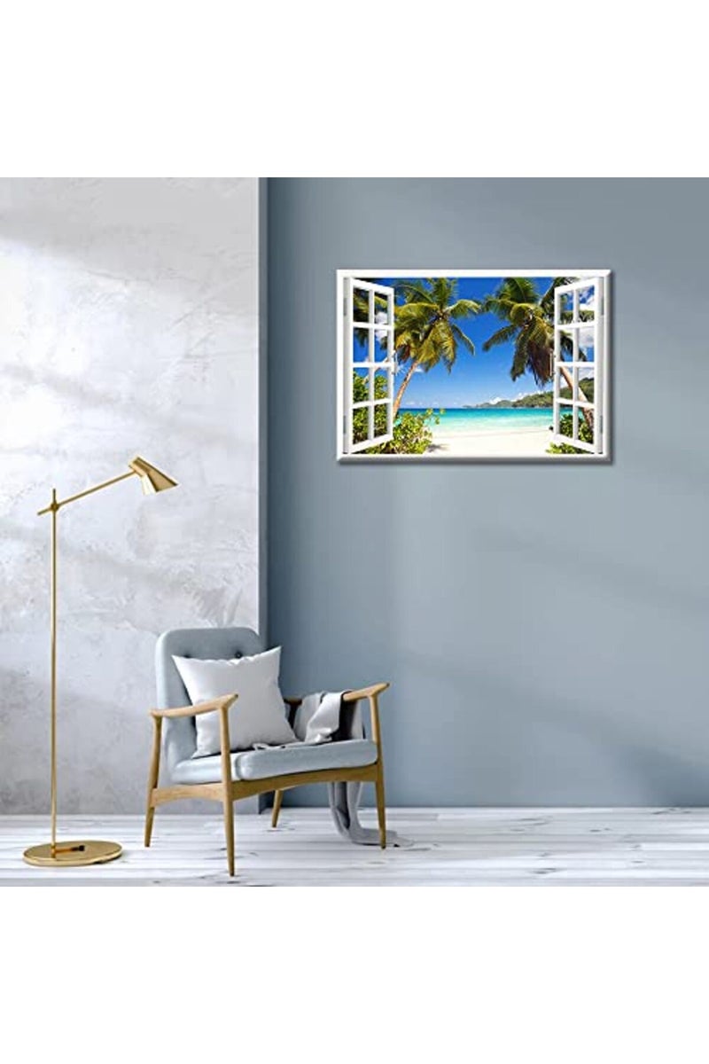 TISHIRON 3D Window Effect Canvas Art Wall Framed Modern Home Decor Beach Coconut Tree View Pictures for Home Living Room Dining Room Wall Decor Posters Prints Ready to Hang - 12" W x 18" H - Image 3