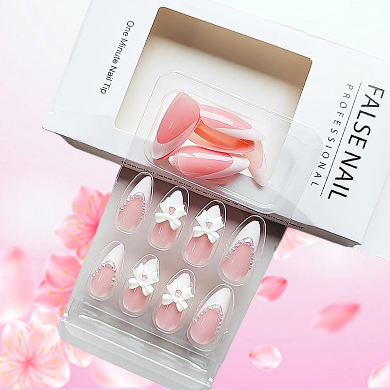 LRKNNO 24pcs Almond Shaped Artificial Nails - French Tips with Cute Bow Charms Design - Nude Pink Acrylic Nails for Women & Girls - Image 4