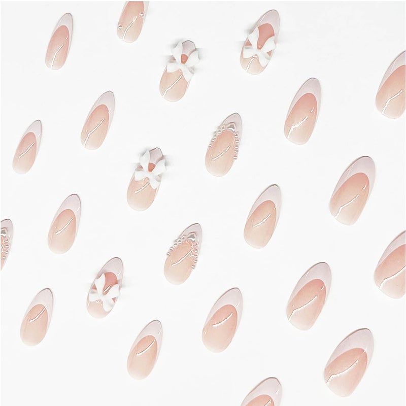 LRKNNO 24pcs Almond Shaped Artificial Nails - French Tips with Cute Bow Charms Design - Nude Pink Acrylic Nails for Women & Girls - Image 2