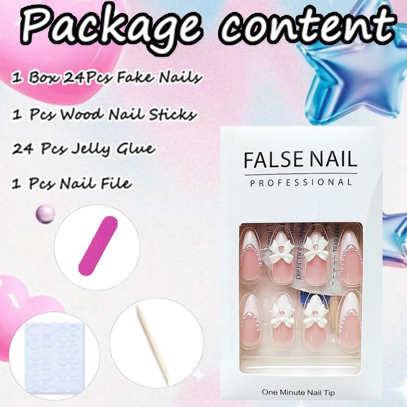 LRKNNO 24pcs Almond Shaped Artificial Nails - French Tips with Cute Bow Charms Design - Nude Pink Acrylic Nails for Women & Girls - Image 5