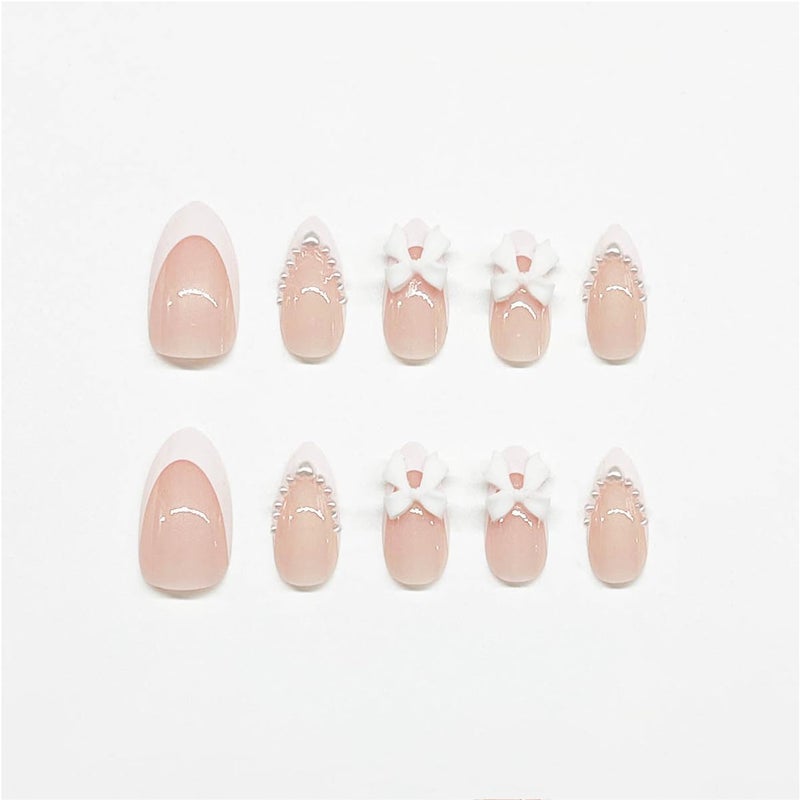 LRKNNO 24pcs Almond Shaped Artificial Nails - French Tips with Cute Bow Charms Design - Nude Pink Acrylic Nails for Women & Girls - Image 3