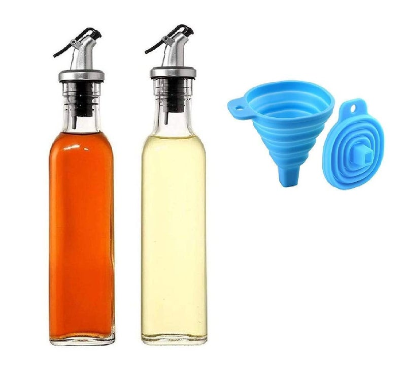 QUALIZA 1 Silicone Rubber Funnel ClearTransparent Glass 500 ml Classic Oil Dispenser Pack of 2 Glass Oil Bottle Crystal Clear