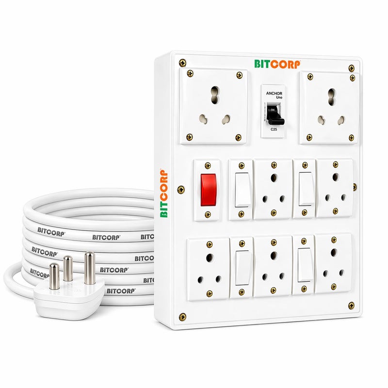 BITCORP 16A Power Extension Board with 7 Socket 4 MCB, 2500W MCB Overload Protector, 5 Meter 1.5mm Electric Cord for Computer, Refrigerator, AC, TV, Home and Office Appliances - Image 2