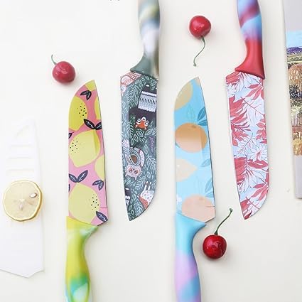NAIDEV Stainless Steel ColorPrinted Santoku Knife Kitchen Accessories Multicolored Colorful NonStick Coating Blade for Home Kitchen NonSlip Handle with Blade Cover - Image 1