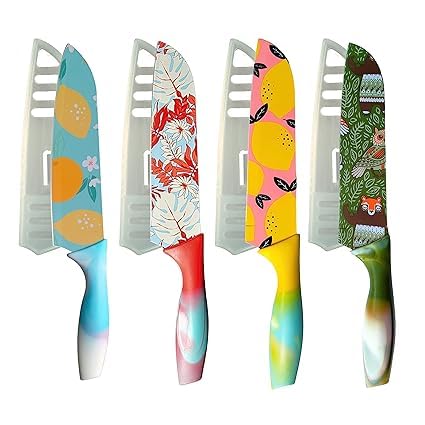 NAIDEV Stainless Steel ColorPrinted Santoku Knife Kitchen Accessories Multicolored Colorful NonStick Coating Blade for Home Kitchen NonSlip Handle with Blade Cover - Image 2
