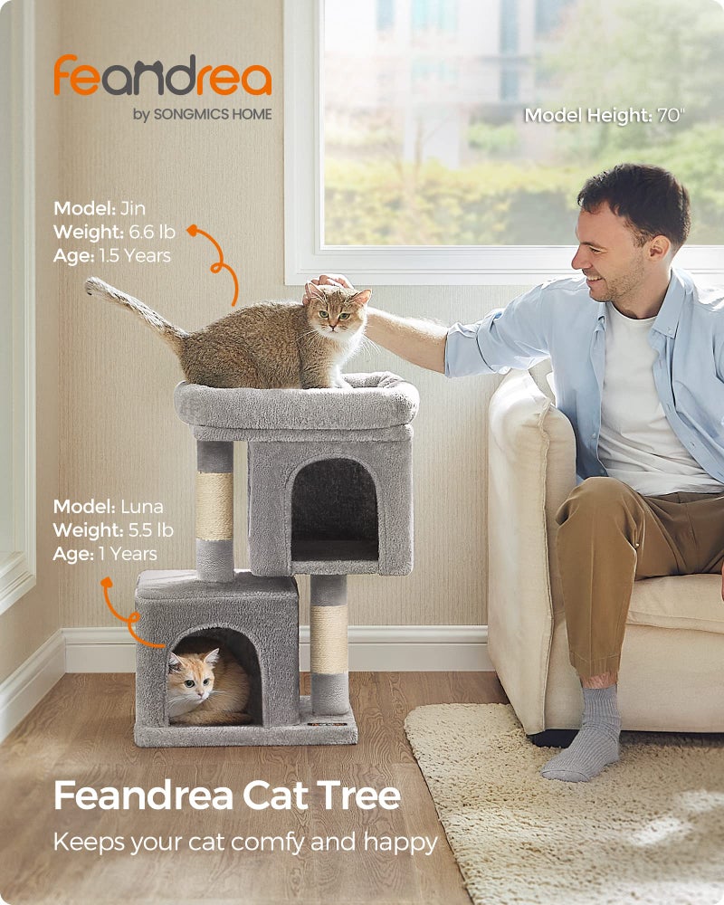 Feandrea Cat Tree, 26.4-Inch Cat Tower, Plush Condo for Kittens up to 7 lb, Large Perch, 2 Caves, Scratching Post, Light Gray UPCT611W01 - Image 2