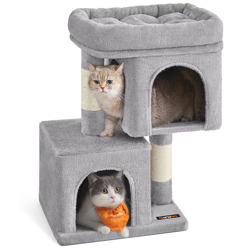 Feandrea Cat Tree, 26.4-Inch Cat Tower, Plush Condo for Kittens up to 7 lb, Large Perch, 2 Caves, Scratching Post, Light Gray UPCT611W01 - Image 1