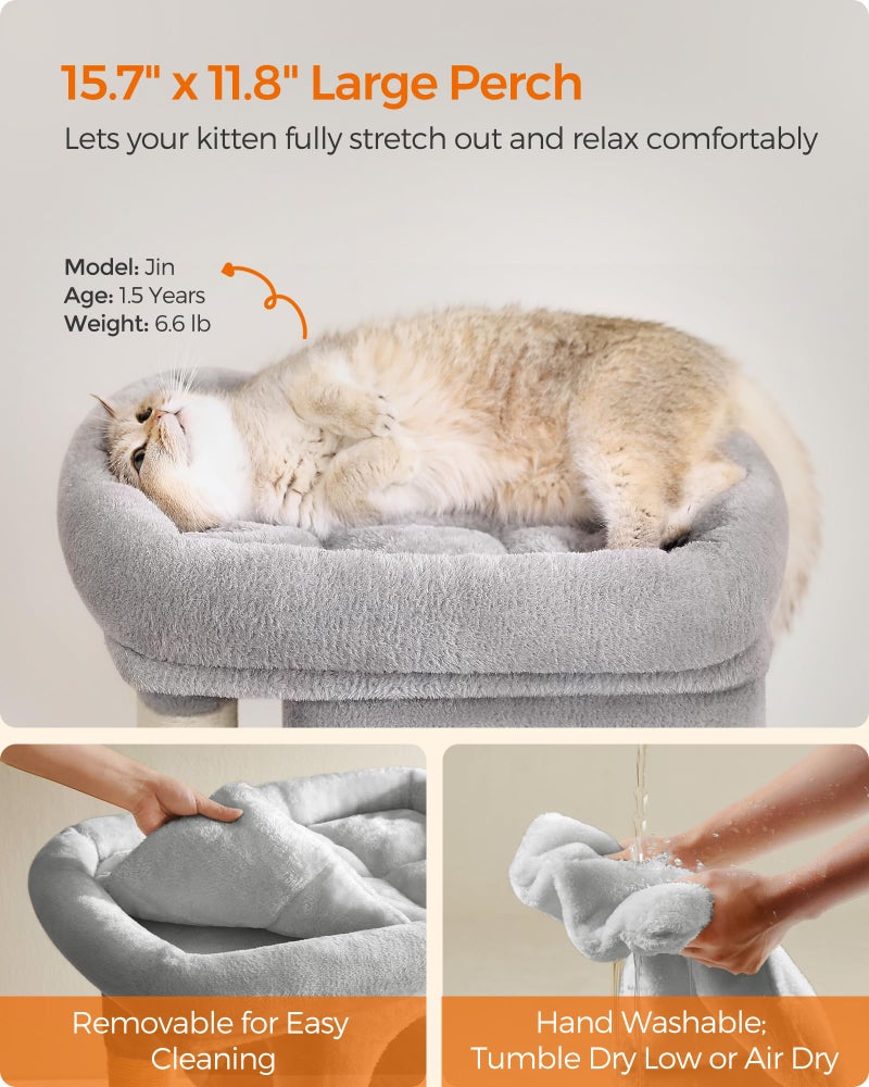 Feandrea Cat Tree, 26.4-Inch Cat Tower, Plush Condo for Kittens up to 7 lb, Large Perch, 2 Caves, Scratching Post, Light Gray UPCT611W01 - Image 3