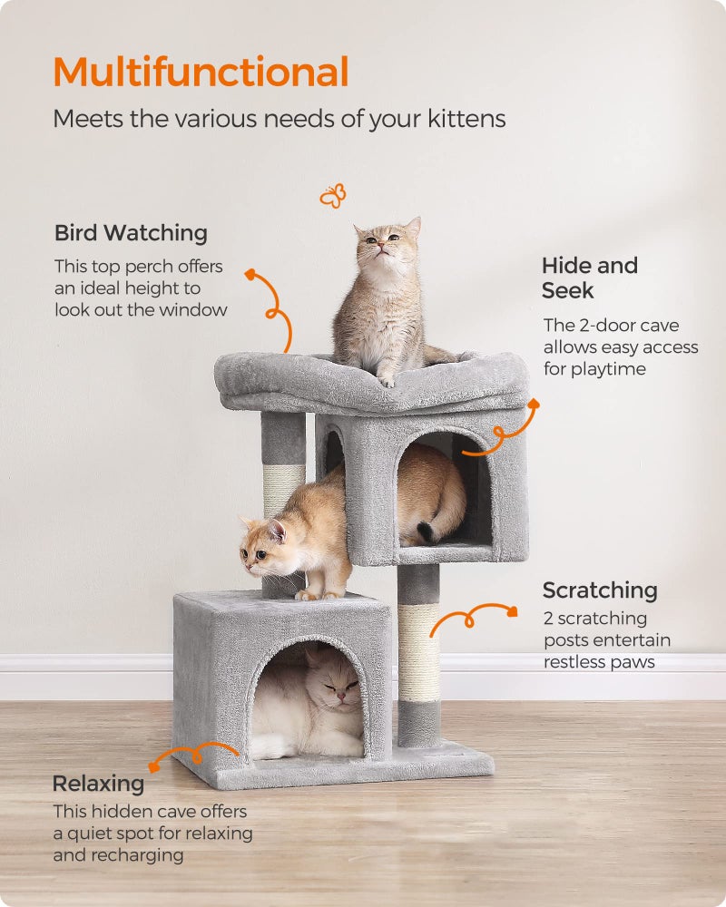 Feandrea Cat Tree, 26.4-Inch Cat Tower, Plush Condo for Kittens up to 7 lb, Large Perch, 2 Caves, Scratching Post, Light Gray UPCT611W01 - Image 4