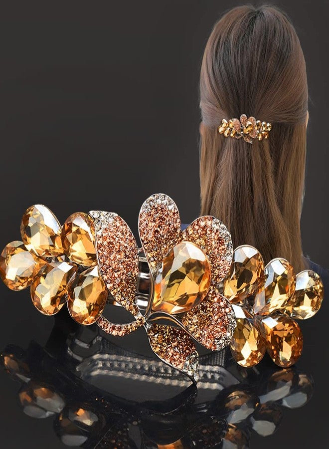 Aimimier Bridal Crystal Flower Hair Clip for Thick Thin Hair Bun Barrettes Classical Wedding Hair Accessories for Women (Yellow) - Image 2
