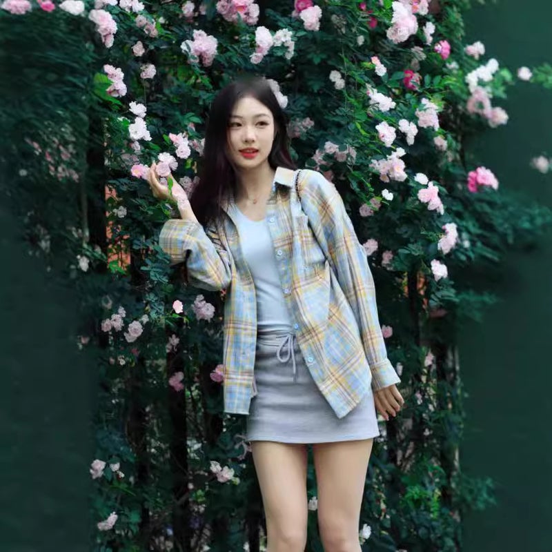 Sweet Style Pure Cotton Plaid Long Sleeve Shirt Loose Casual Sunscreen Shirt Special - Image 2