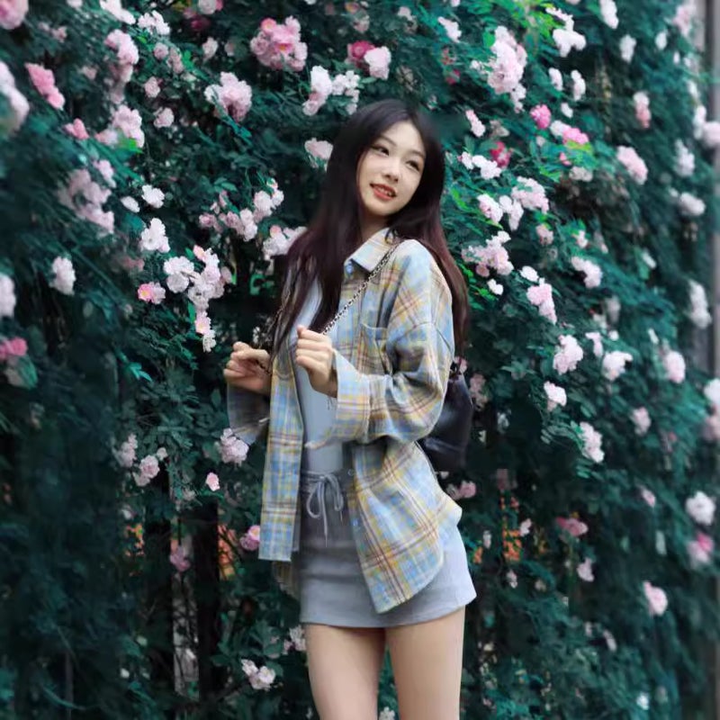 Sweet Style Pure Cotton Plaid Long Sleeve Shirt Loose Casual Sunscreen Shirt Special - Image 3