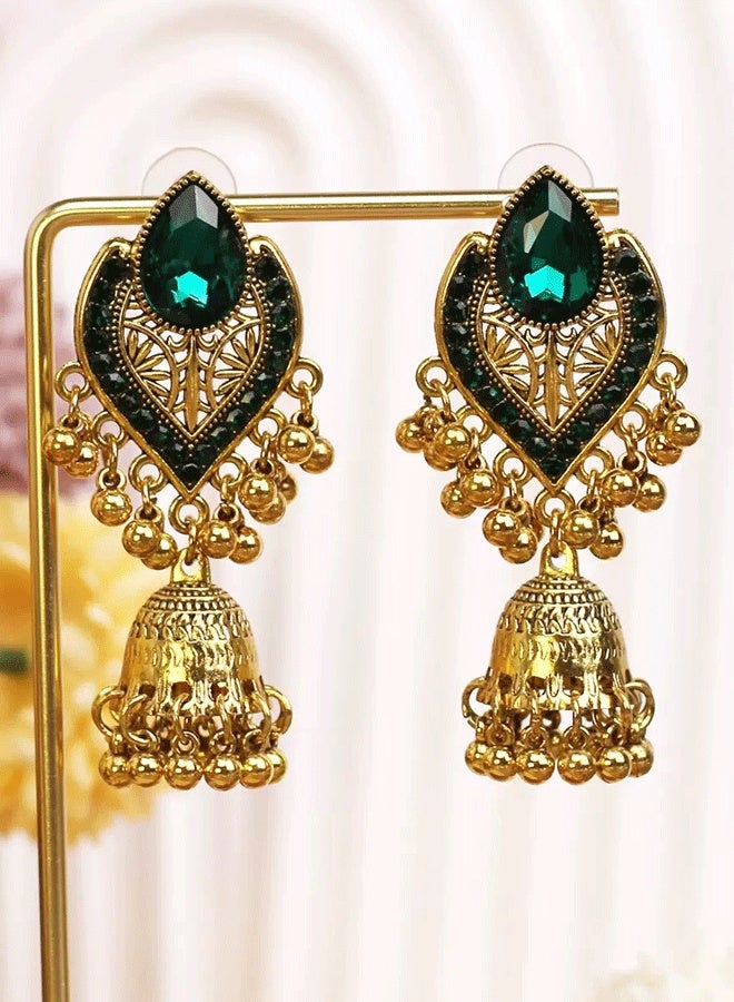 Indian Emerald Jhumka Earrings for Ladies - Gold Plated Traditional Ethnic Long Jhumka with Bell Pendant (Wedding & Festival Jewelry) - Image 3