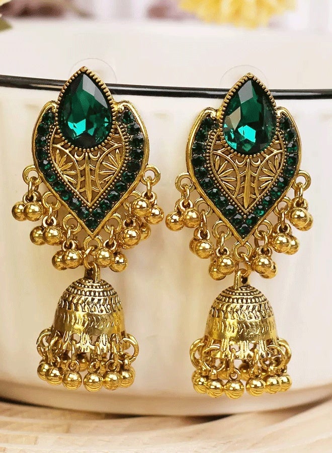 Indian Emerald Jhumka Earrings for Ladies - Gold Plated Traditional Ethnic Long Jhumka with Bell Pendant (Wedding & Festival Jewelry) - Image 2
