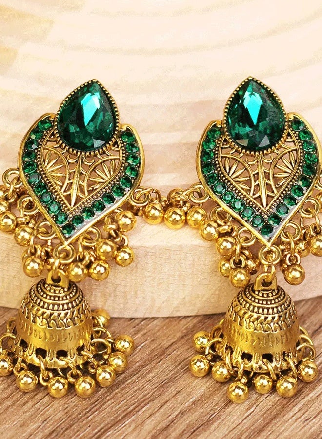 Indian Emerald Jhumka Earrings for Ladies - Gold Plated Traditional Ethnic Long Jhumka with Bell Pendant (Wedding & Festival Jewelry) - Image 1