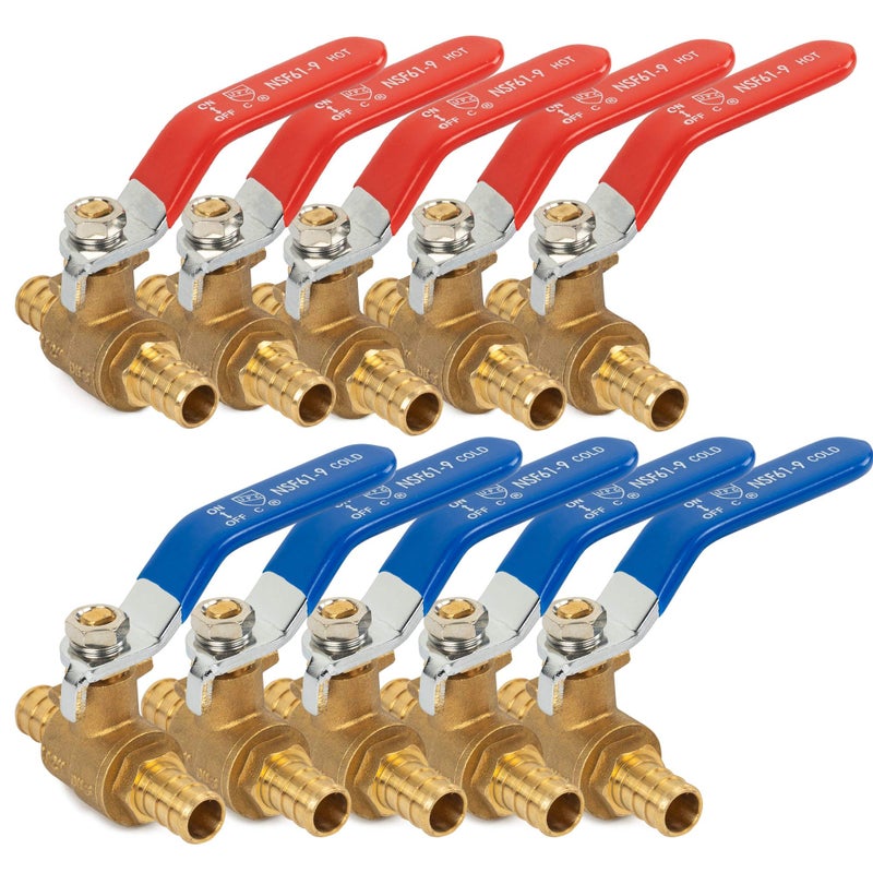 Hourleey 10 Pieces 12 Inch Pex Brass Full Port Shut Off Ball Valve HOT AND COLD Quarter Turn HOT RED COLD BLUE of Brass Water Stop Shutt off