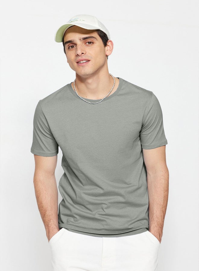 trendyol Grey Slim/Slim Cut 100% Cotton Basic Crew Neck T-Shirt - Image 3