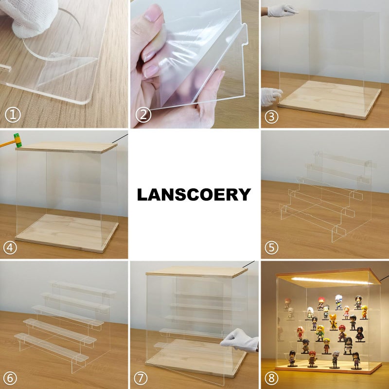 LANSCOERY حافظة عرض أكريليك LANSCOERY مع إضاءة LED، تنظيم شفاف من 3 طبقات، صندوق عرض خشبي مضاد للغبار، عرض حصري للمقتنيات، الشخصيات الصغيرة و Funko Pop، 15.2x6.5x7.5 بوصة - Image 5