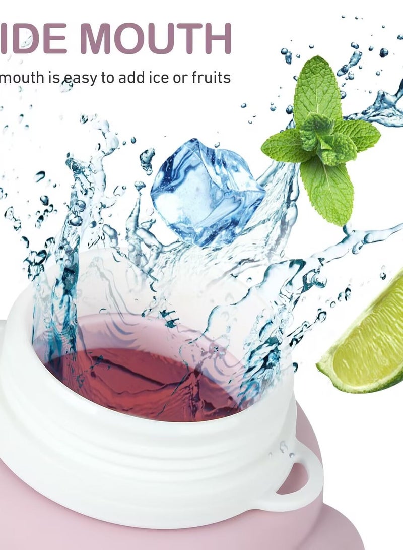 Excefore Collapsible Water Bottles 42 OZ Silicone Foldable Water Bottle with Straw, Cute Sports Leakproof Water Jug with Capacity Marker & Handle Shoulder Strap for Travel Outdoors (Pink) - Image 5