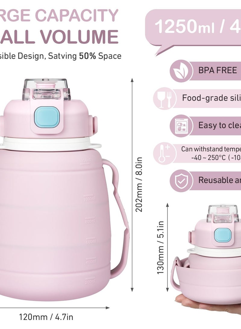 Excefore Collapsible Water Bottles 42 OZ Silicone Foldable Water Bottle with Straw, Cute Sports Leakproof Water Jug with Capacity Marker & Handle Shoulder Strap for Travel Outdoors (Pink) - Image 4