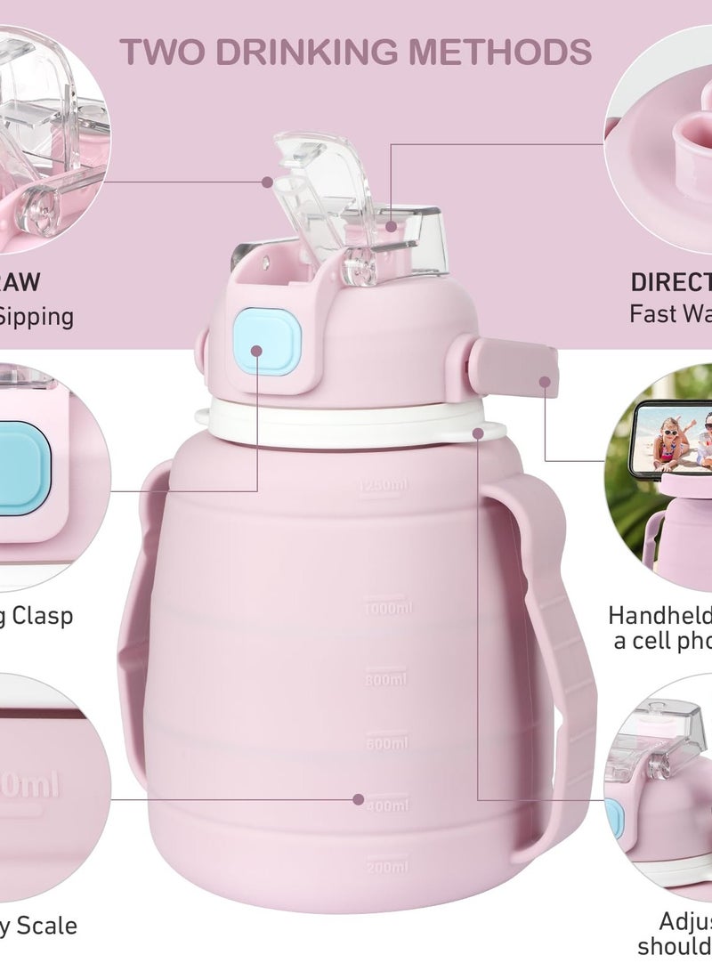 Excefore Collapsible Water Bottles 42 OZ Silicone Foldable Water Bottle with Straw, Cute Sports Leakproof Water Jug with Capacity Marker & Handle Shoulder Strap for Travel Outdoors (Pink) - Image 2