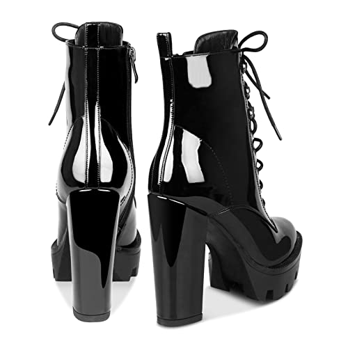 wetkiss Platform Boots for Women, Black Platform Boots Chunky Heel Boots for Women Heeled Combat Boots Womens Black Boots for Women Ankle Booties Patent Leather Boots High Heel Boots Glossy Boots - Image 5