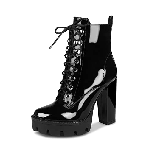 wetkiss Platform Boots for Women, Black Platform Boots Chunky Heel Boots for Women Heeled Combat Boots Womens Black Boots for Women Ankle Booties Patent Leather Boots High Heel Boots Glossy Boots - Image 1