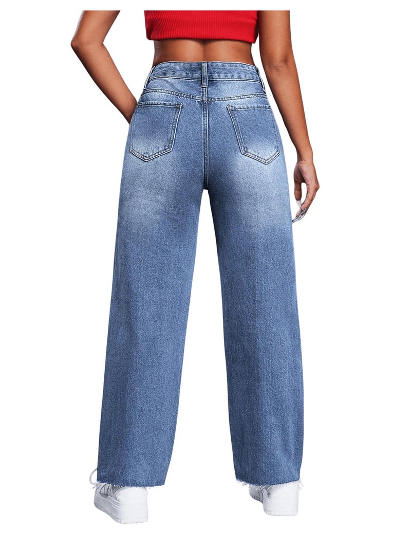 SweatyRocks Women's High Waist Ripped Distressed Cropped Jeans Straight Leg Denim Pants Blue Wash L - Image 2
