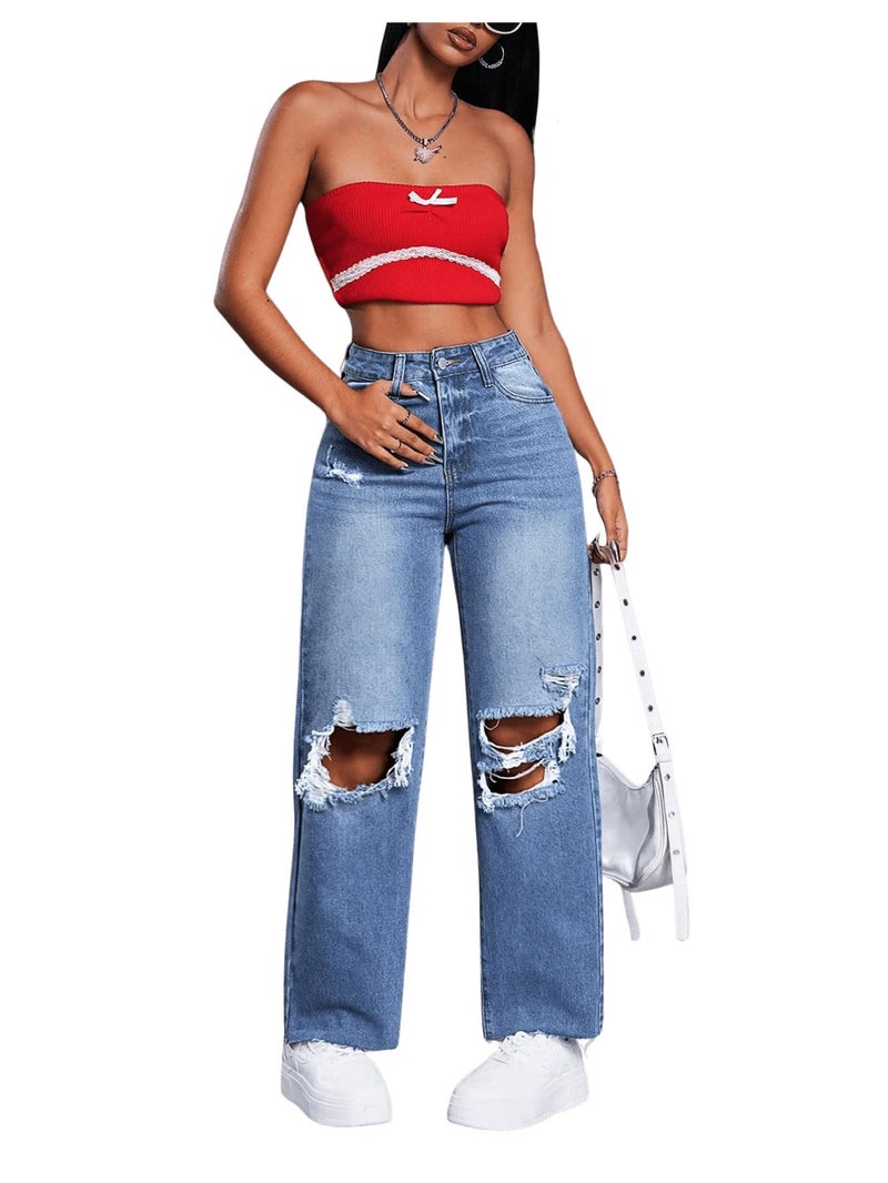 SweatyRocks Women's High Waist Ripped Distressed Cropped Jeans Straight Leg Denim Pants Blue Wash L - Image 5