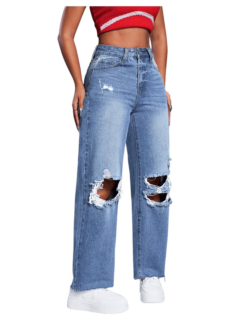 SweatyRocks Women's High Waist Ripped Distressed Cropped Jeans Straight Leg Denim Pants Blue Wash L - Image 4